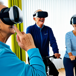 A diverse group of cheerful elderly individuals, fully clothed in modest, comfortable sportswear, engaging in light, enjoyable exercise within a bright, modern elderly care facility. One person wears a VR headset, seemingly immersed in a virtual nature scene while gently cycling. Another interacts with a large screen displaying an AI-driven personalized exercise program. The atmosphere is positive and encouraging, with natural lighting. safe for work, appropriate content, professional, fully clothed, perfect anatomy, correct proportions, natural pose, well-formed hands, proper finger count, natural body proportions, high quality, professional photography.