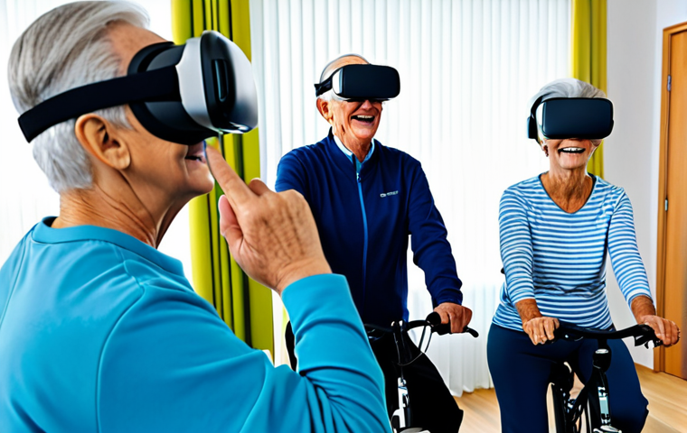 A diverse group of cheerful elderly individuals, fully clothed in modest, comfortable sportswear, engaging in light, enjoyable exercise within a bright, modern elderly care facility. One person wears a VR headset, seemingly immersed in a virtual nature scene while gently cycling. Another interacts with a large screen displaying an AI-driven personalized exercise program. The atmosphere is positive and encouraging, with natural lighting. safe for work, appropriate content, professional, fully clothed, perfect anatomy, correct proportions, natural pose, well-formed hands, proper finger count, natural body proportions, high quality, professional photography.