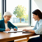 A kind adult daughter and her elderly mother are seated at a polished wooden table in a bright, modern consultation room. Sunlight streams through a large window. They are reviewing documents and a digital tablet with a compassionate professional consultant. The daughter wears a smart blouse and slacks, while her mother is in a comfortable, neat cardigan and skirt. All subjects are fully clothed in appropriate attire and modest clothing. The atmosphere is calm and supportive. Professional photography, soft diffused lighting, high resolution, realistic, perfect anatomy, correct proportions, well-formed hands, proper finger count, natural body proportions, safe for work, appropriate content, family-friendly.