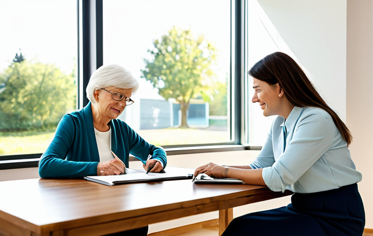 A kind adult daughter and her elderly mother are seated at a polished wooden table in a bright, modern consultation room. Sunlight streams through a large window. They are reviewing documents and a digital tablet with a compassionate professional consultant. The daughter wears a smart blouse and slacks, while her mother is in a comfortable, neat cardigan and skirt. All subjects are fully clothed in appropriate attire and modest clothing. The atmosphere is calm and supportive. Professional photography, soft diffused lighting, high resolution, realistic, perfect anatomy, correct proportions, well-formed hands, proper finger count, natural body proportions, safe for work, appropriate content, family-friendly.