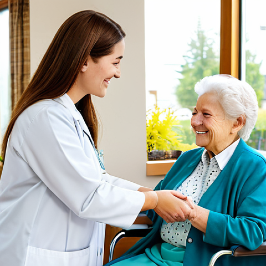 A compassionate female care staff member, fully clothed in a modest, clean professional uniform, gently assisting an elderly female resident, also fully clothed in comfortable, appropriate attire, in a bright, modern nursing care facility common area. Sunlight streams through large windows, illuminating a clean, well-maintained space with comfortable seating and potted plants. The staff member has a gentle, reassuring smile, offering a cup of tea to the resident. The resident, with a serene expression, looks engaged and comfortable. The scene emphasizes warmth, dignity, and respectful care. perfect anatomy, correct proportions, natural pose, well-formed hands, proper finger count, natural body proportions, safe for work, appropriate content, family-friendly, professional photography, high quality, professional dress.