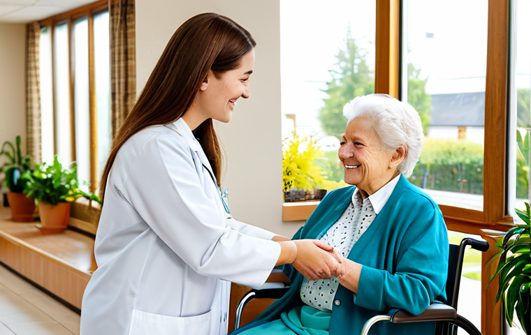 A compassionate female care staff member, fully clothed in a modest, clean professional uniform, gently assisting an elderly female resident, also fully clothed in comfortable, appropriate attire, in a bright, modern nursing care facility common area. Sunlight streams through large windows, illuminating a clean, well-maintained space with comfortable seating and potted plants. The staff member has a gentle, reassuring smile, offering a cup of tea to the resident. The resident, with a serene expression, looks engaged and comfortable. The scene emphasizes warmth, dignity, and respectful care. perfect anatomy, correct proportions, natural pose, well-formed hands, proper finger count, natural body proportions, safe for work, appropriate content, family-friendly, professional photography, high quality, professional dress.