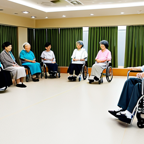 Modern Long-Term Care Facility Interior**

"A bright, modern interior of a Japanese long-term care facility (療養型病院). Focus on a clean, well-lit common area with comfortable seating. Elderly residents (fully clothed, appropriate attire) are participating in a gentle exercise class led by a friendly, professional instructor (fully clothed, professional attire). Include assistive devices like walkers or wheelchairs subtly in the background. Safe for work, appropriate content, family-friendly, professional setting, perfect anatomy, natural proportions, high quality, well-formed hands."

**