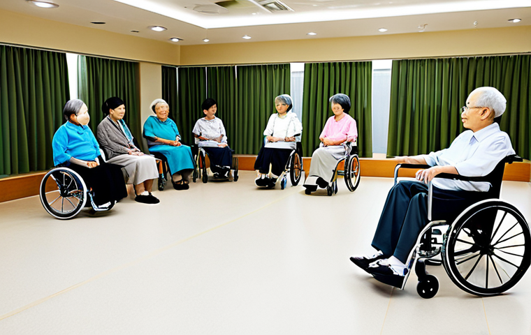 Modern Long-Term Care Facility Interior**

"A bright, modern interior of a Japanese long-term care facility (療養型病院). Focus on a clean, well-lit common area with comfortable seating. Elderly residents (fully clothed, appropriate attire) are participating in a gentle exercise class led by a friendly, professional instructor (fully clothed, professional attire). Include assistive devices like walkers or wheelchairs subtly in the background. Safe for work, appropriate content, family-friendly, professional setting, perfect anatomy, natural proportions, high quality, well-formed hands."

**