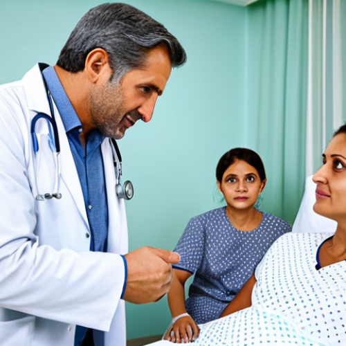 Hospital Consultation**

A fully clothed family consulting with a doctor in a bright, modern hospital room. The doctor is explaining something with a friendly expression. Focus on the expressions of concern and hope on the family's faces. Appropriate attire, safe for work, perfect anatomy, natural proportions, professional lighting, modest setting, family-friendly.

**