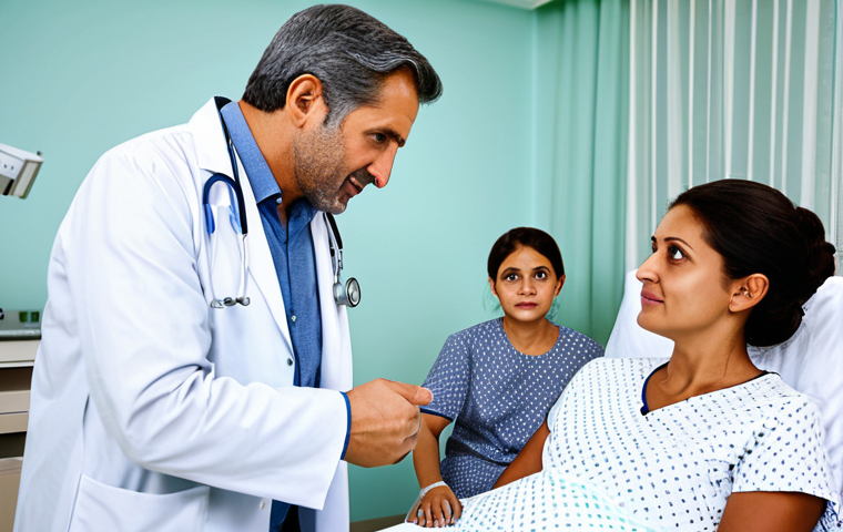 Hospital Consultation**

A fully clothed family consulting with a doctor in a bright, modern hospital room. The doctor is explaining something with a friendly expression. Focus on the expressions of concern and hope on the family's faces. Appropriate attire, safe for work, perfect anatomy, natural proportions, professional lighting, modest setting, family-friendly.

**