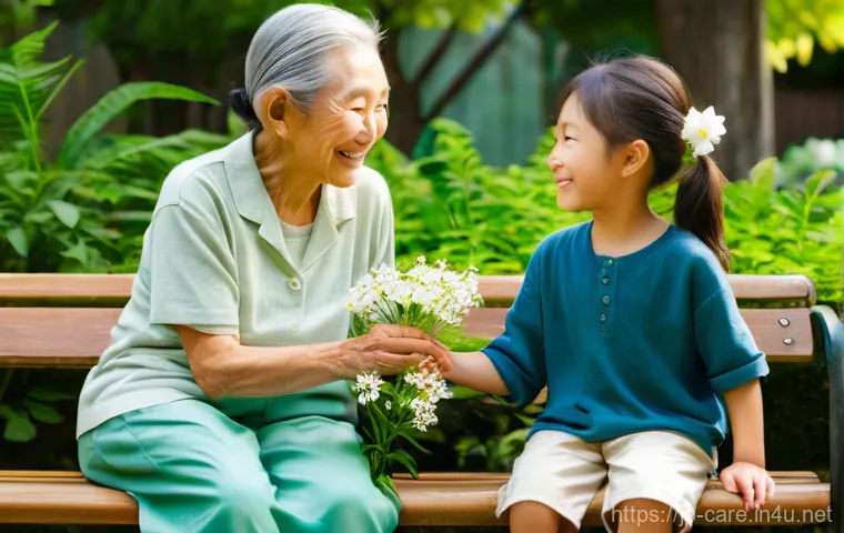 요양병원 환자 가족 후기 - **Prompt:** A vibrant, clean, and modern nursing home common area, where an elderly Japanese woman, ...