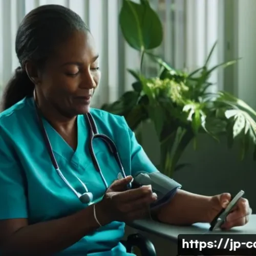 요양병원에서 가능한 검사 항목 - **Prompt:** A compassionate nurse in a modern, clean nursing care medical facility gently takes an e...