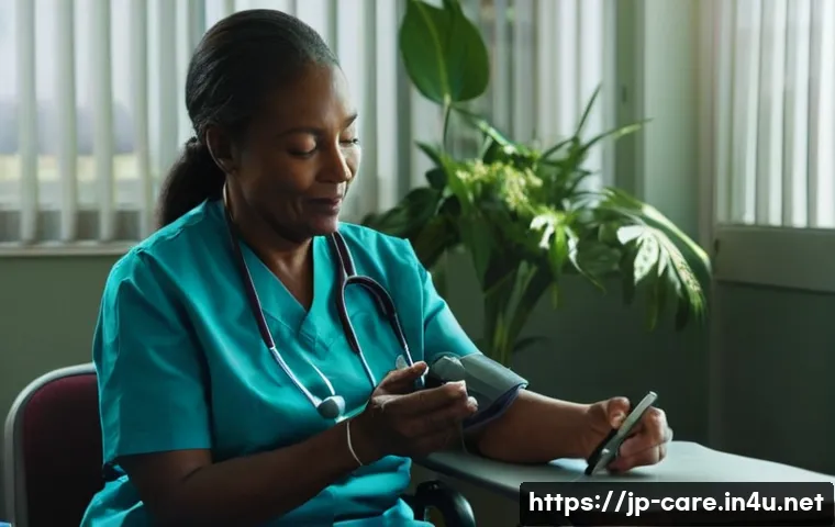 요양병원에서 가능한 검사 항목 - **Prompt:** A compassionate nurse in a modern, clean nursing care medical facility gently takes an e...