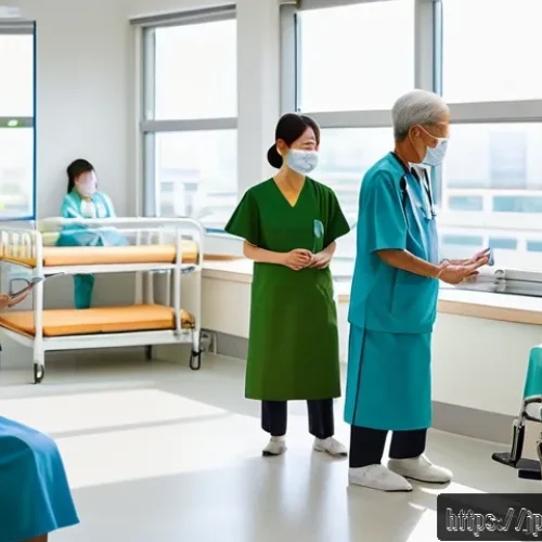 요양병원 환자 가족 상담 서비스 - A modern Japanese nursing hospital interior scene showing a spacious, bright common area with elderl...