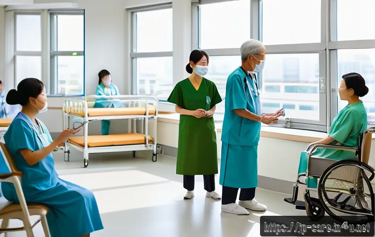 요양병원 환자 가족 상담 서비스 - A modern Japanese nursing hospital interior scene showing a spacious, bright common area with elderl...