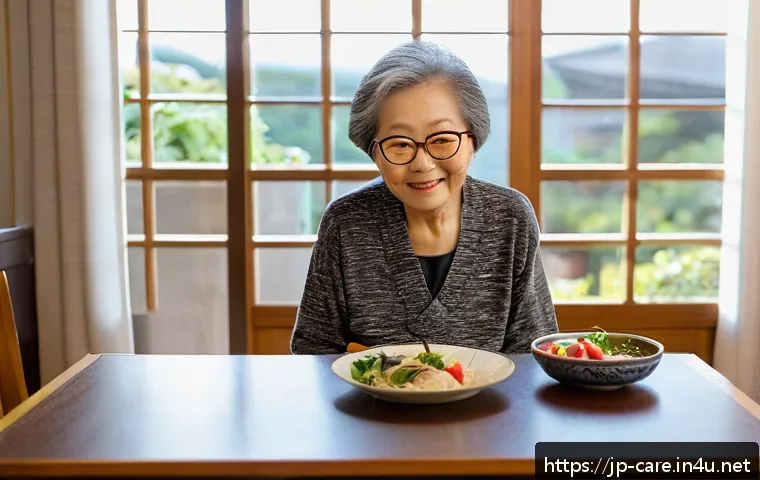 노인성 질환 예방 요양 - An elderly Japanese woman in her 70s wearing comfortable casual clothes and glasses, sitting at a co...