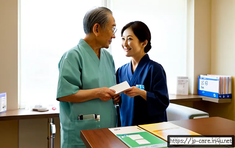 요양병원 의료보험 혜택 비교 - Photorealistic Japanese elderly couple in a bright, welcoming long-term care hospital consultation r...