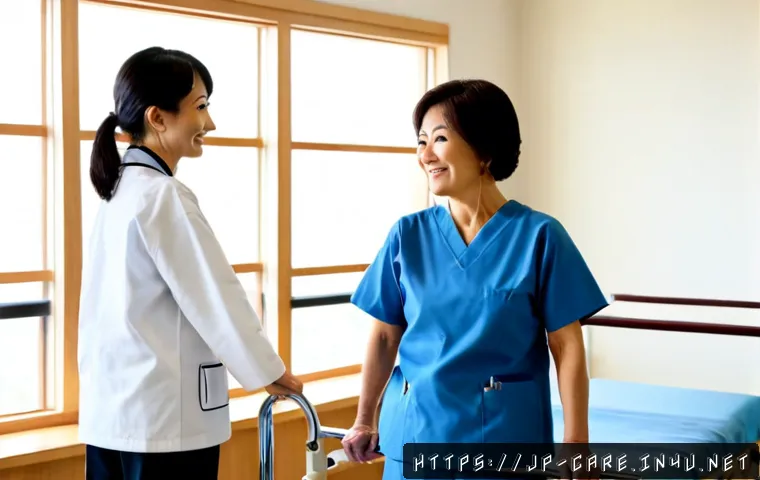 요양병원 재활 후기와 결과 - Photorealistic Japanese rehabilitation hospital room, an older Japanese woman in comfortable modest ...